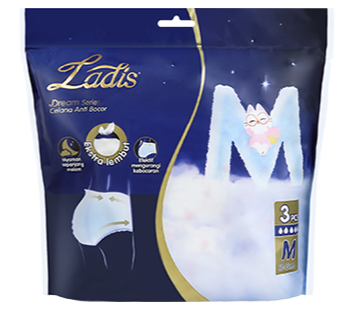 Pembalut celana menstruasi Ladis Dream Series size M dengan cover 360°, daya tampung 200ml, ultra lembut, karet elastis, sirkulasi udara baik.